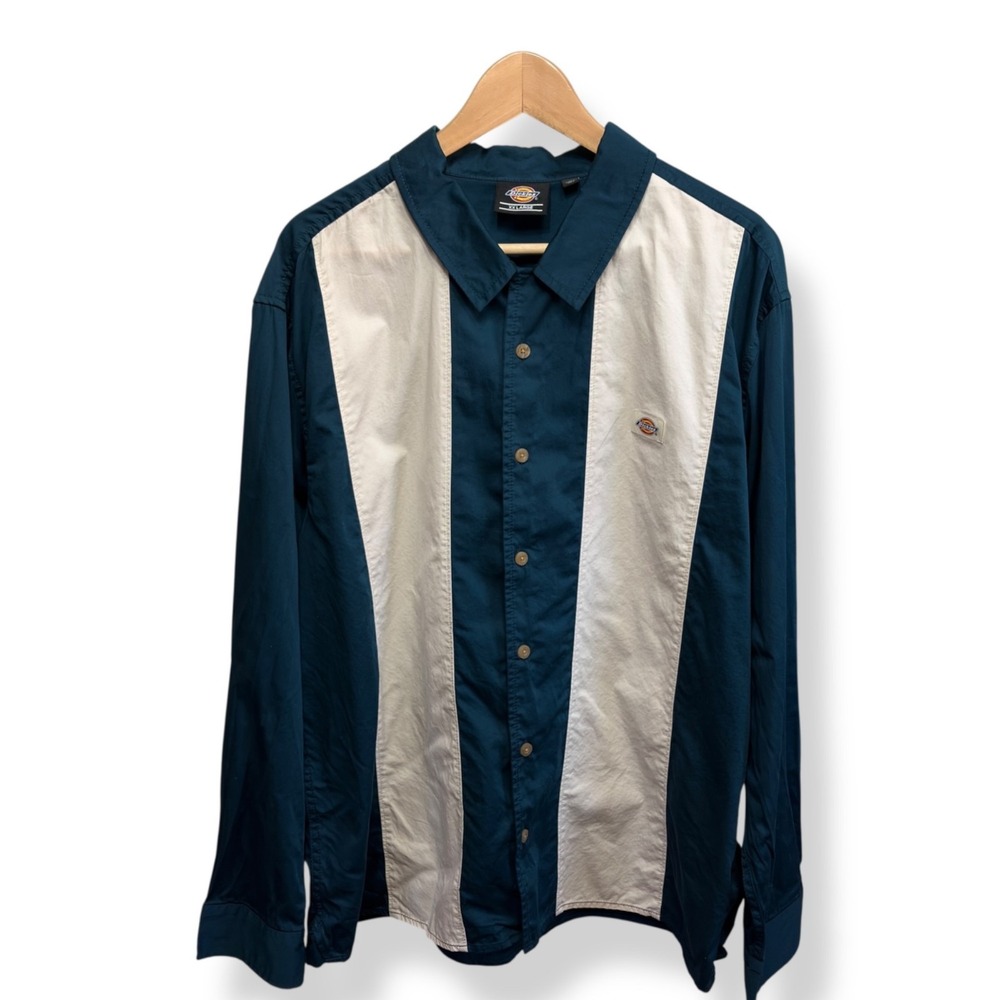 Dickies Men's Retro Button Down Center Panel Long Sleeve XXL Cream Teal